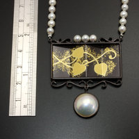 SALE: Pearl and silver pendant with Japanese patina and Keum Boo inspired with Japanese partition.