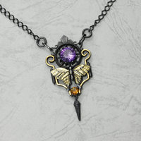 Art deco style necklace with a round amethyst and Keum Boo scrolls