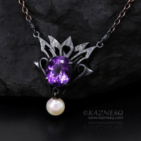 Amethyst and Akoya pearl oxidized silver goth taste silver pendant necklace for