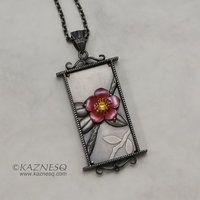 (C) KAZNESQ: Camellia pendant necklace of heat patinaed copper and silver