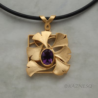 (C) KAZNESQ: Ginkgo gold tone silver square necklace with amethyst