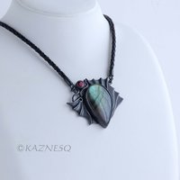 (C) KAZNESQ: Green labradorite dragon motif oxidized silver necklace