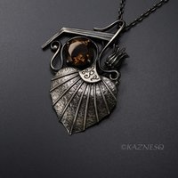 (C) KAZNESQ: Goth style Leaf and Bud motif Smoky Quartz Oxidized Silver Pendant