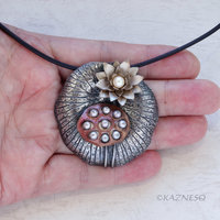 Lotus Seedpod and Flower Akoya Pearl oxidized Silver Necklace.