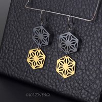 Japanese Traditional Hemp Leaf design oxidized silver and Kuem Boo Earrings