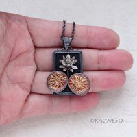 Lotus motif Alexandrite copper and silver rectangle pendant necklace