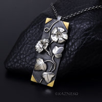 Morning glory Rectangle Art Pendant of Oxidized Silver and Fine Gold Foil
