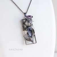 Dimensional Scottish Thistle Pendant - Oxidized Sterling Silver with Amethyst