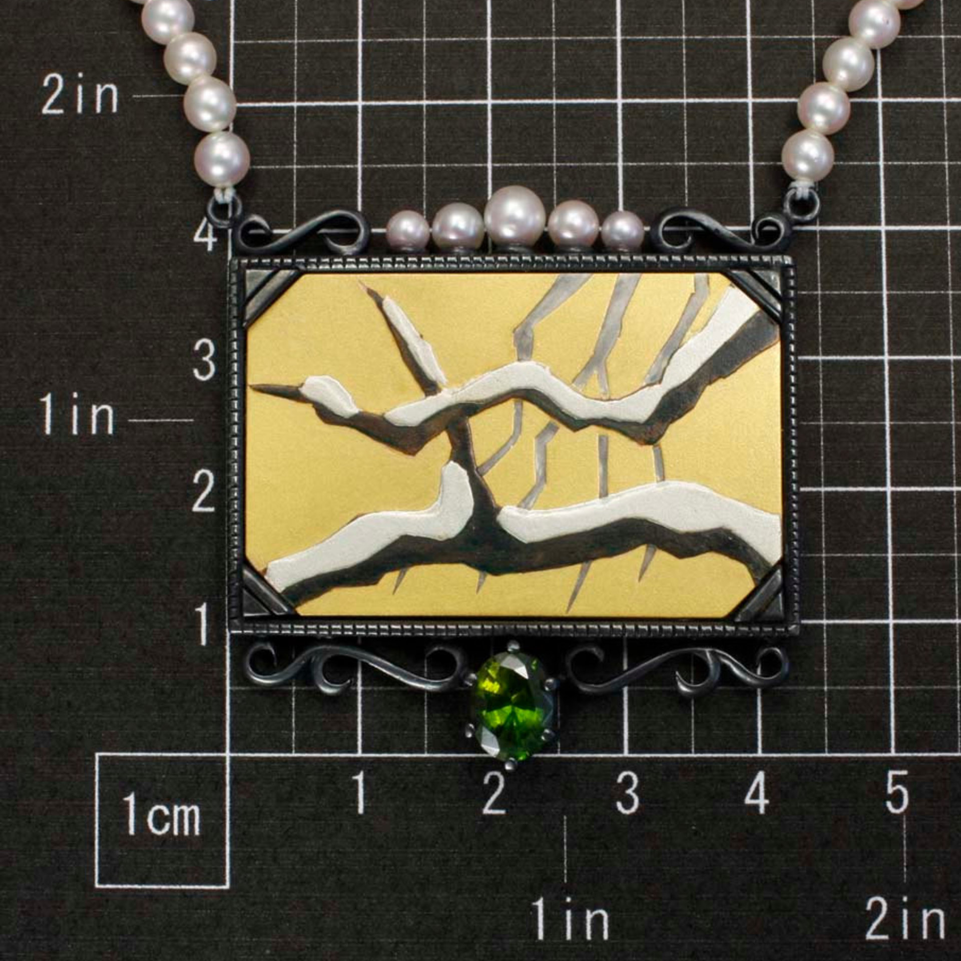SALE: Gold Keum Boo snowed branches necklace featuring Akoya pearls and a green zircon.