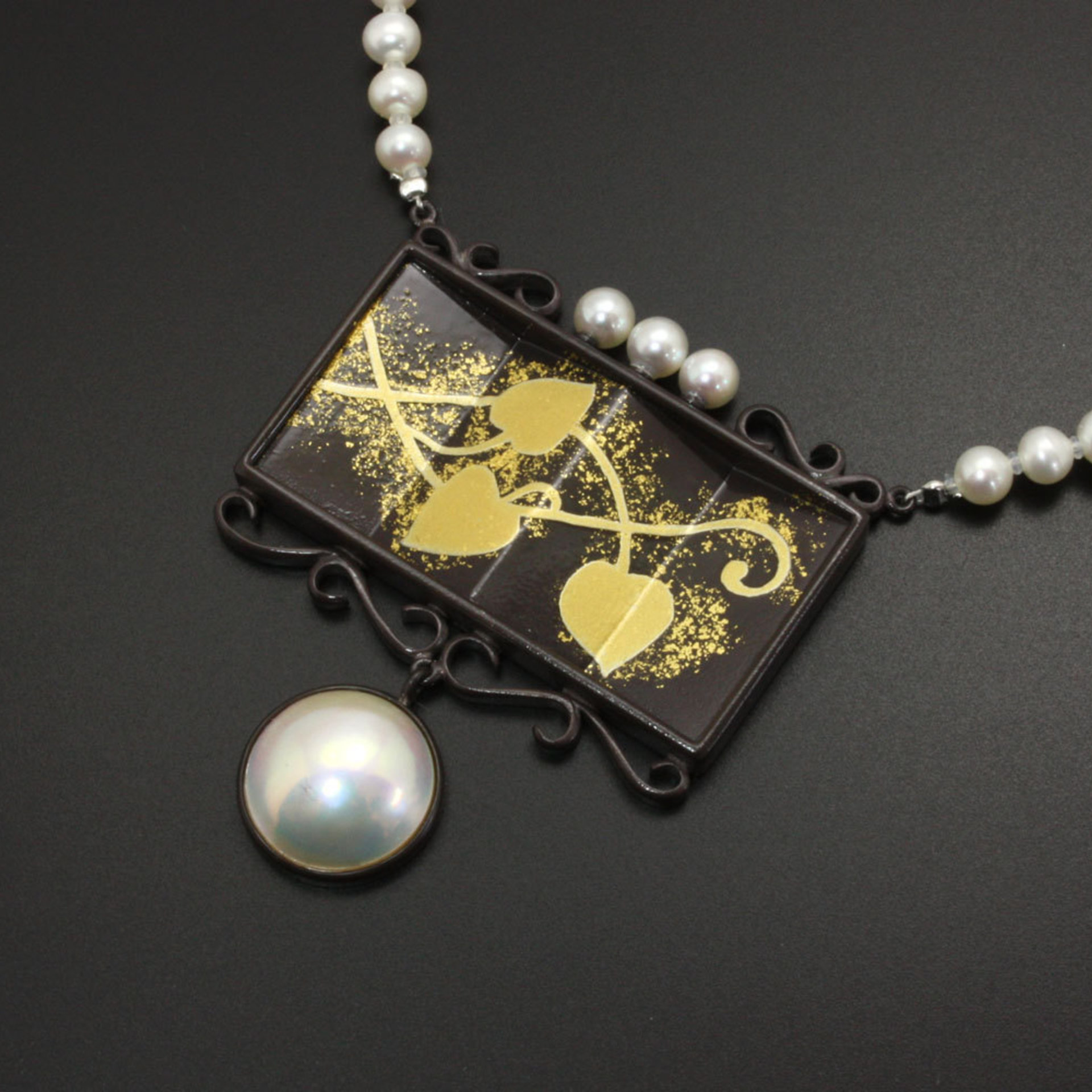 SALE: Pearl and silver pendant with Japanese patina and Keum Boo inspired with Japanese partition.