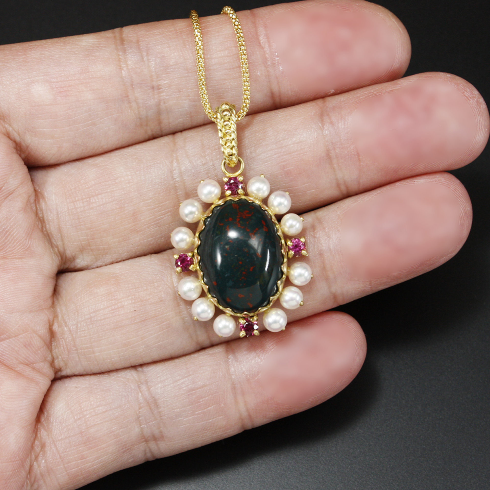 Bloodstone, rubellite tourmaline, and akoya pearl 18K yellow gold pendant