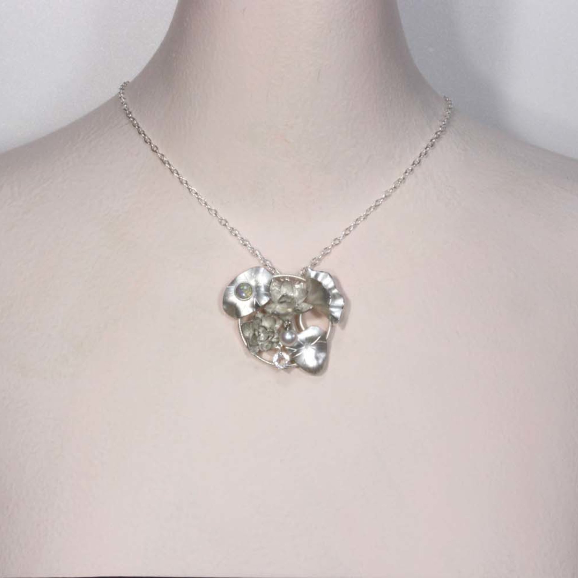 SOLD: Lotus pendant, silver pendant with opal, quartz, and cultured pearl.