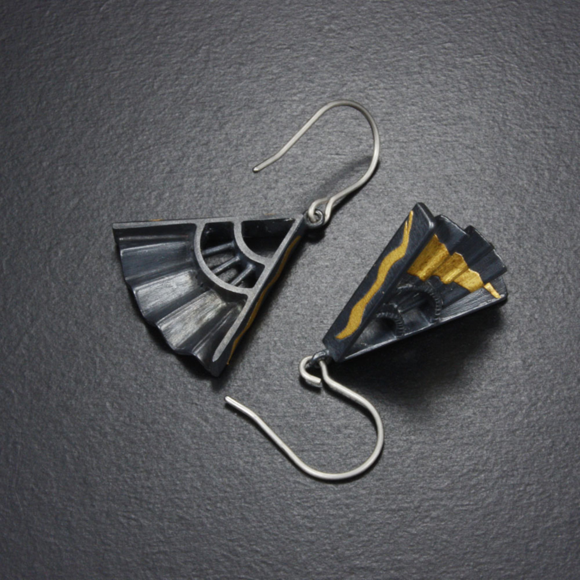 Sold: Japanese earrings, Keum Boo earrings, oxidized silver earrings of fan motif