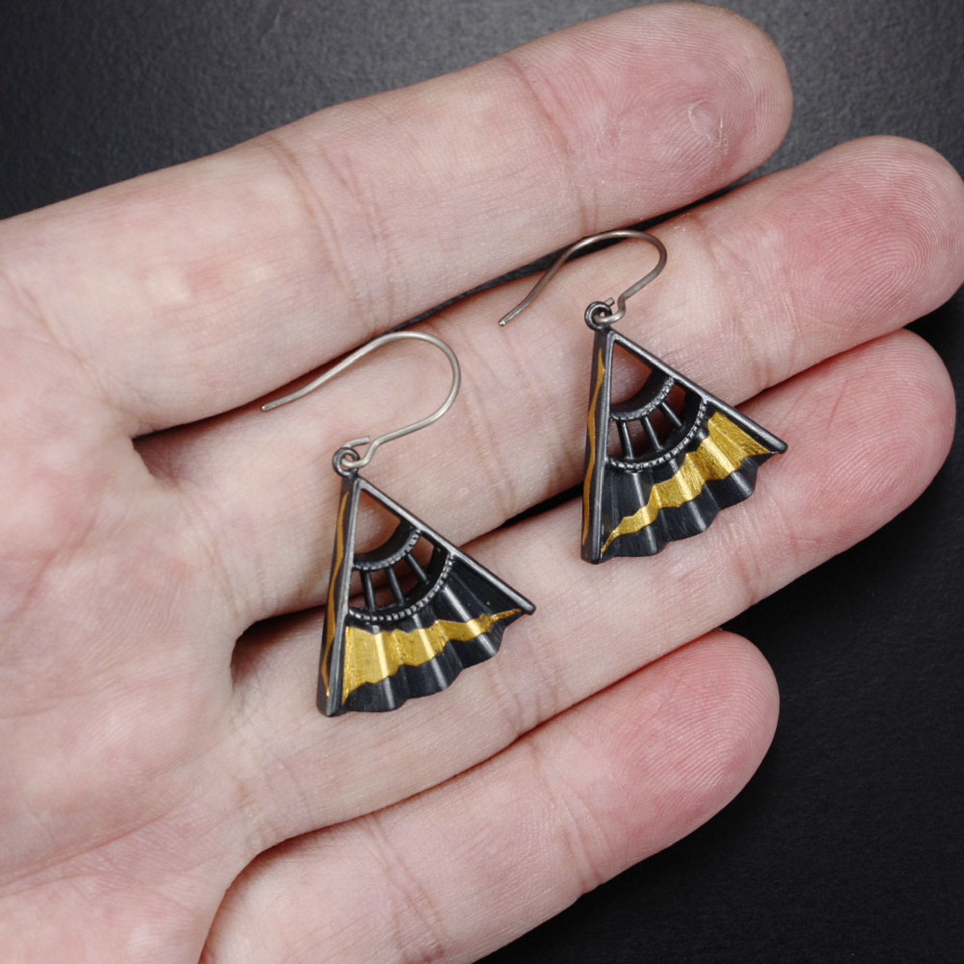 Sold: Japanese earrings, Keum Boo earrings, oxidized silver earrings of fan motif