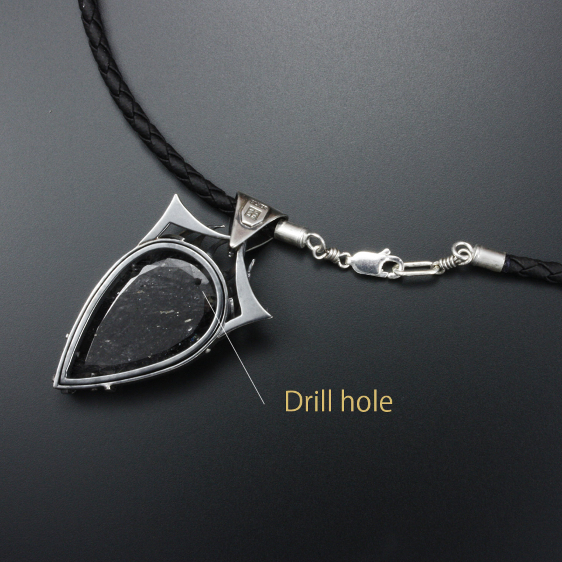 Tribal silver pendant necklace, black rutilated quartz pendant, oxidized silver