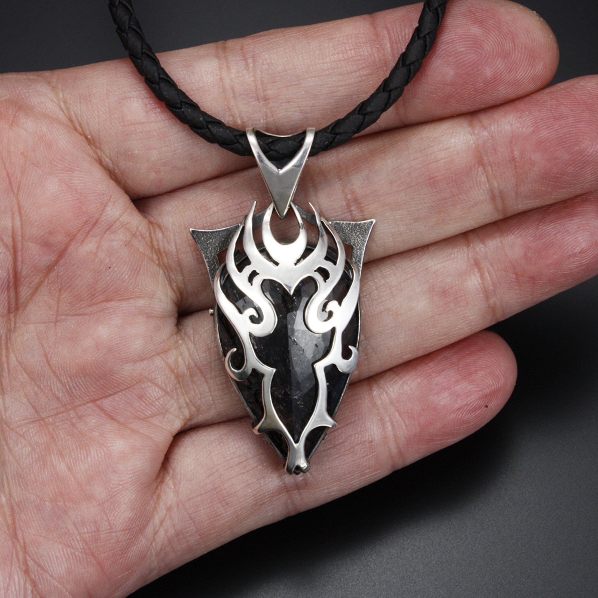 Tribal silver pendant necklace, black rutilated quartz pendant, oxidized silver
