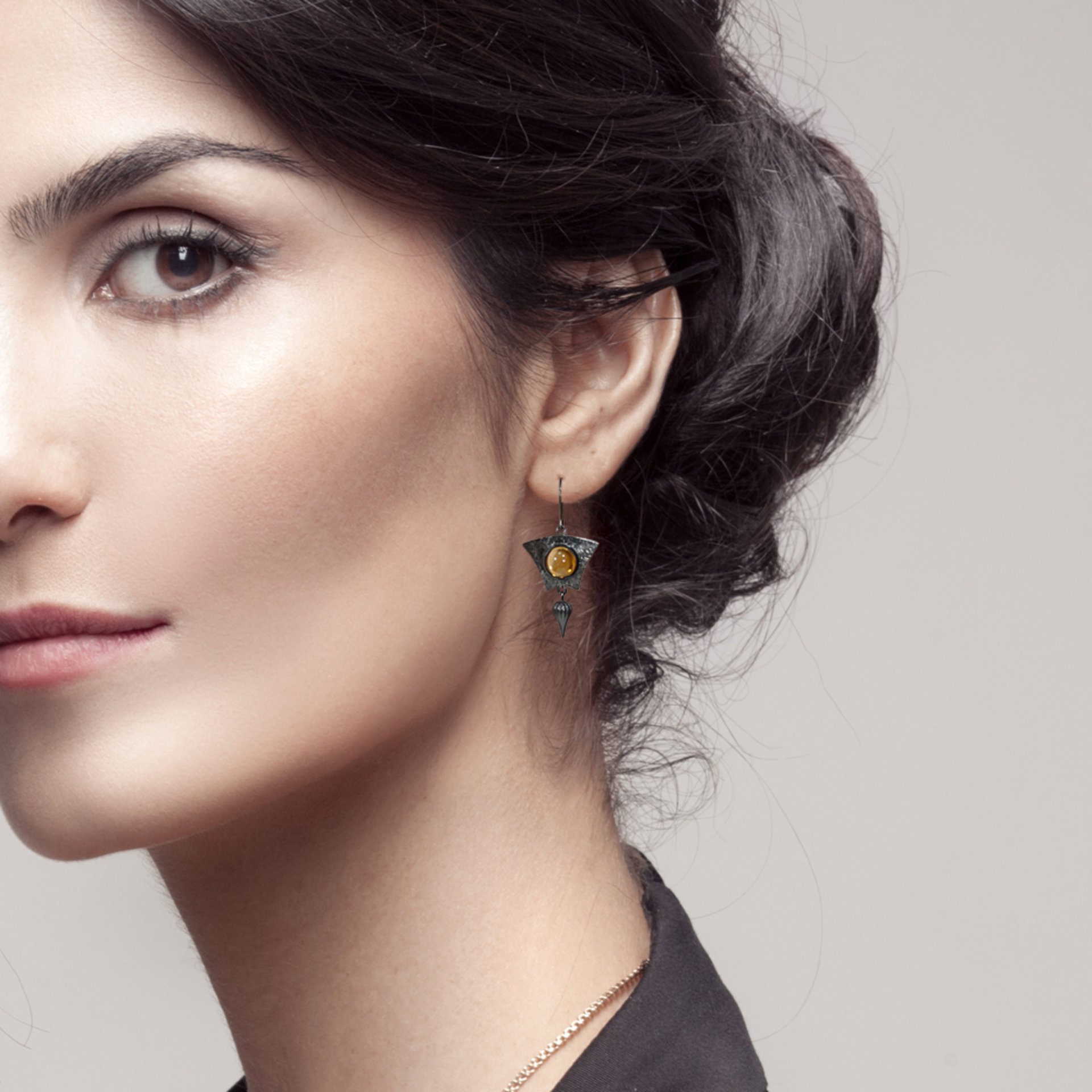 Round citrine cab earrings, oxidized silver earrings