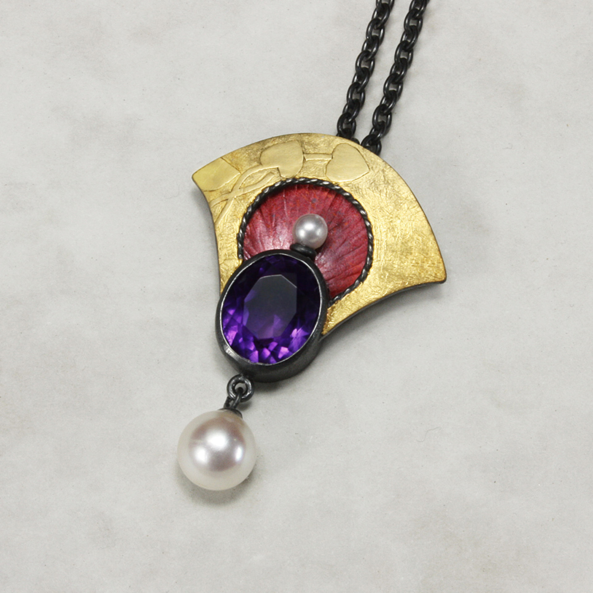 Keum Boo and Japanese Hido copper pendant necklace with amethyst and akoyas