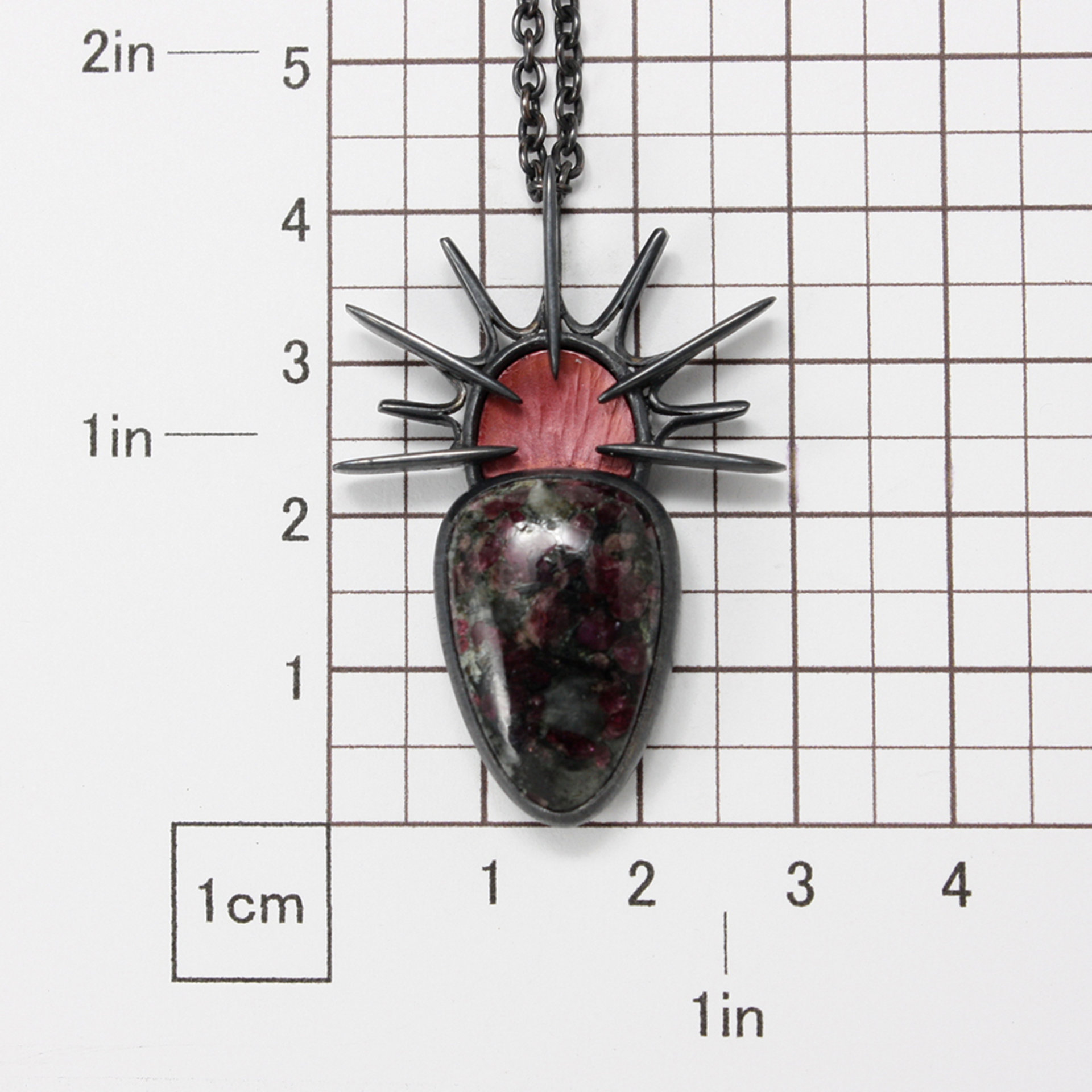 Oxidized silver goth pendant necklace with Eudialyte and Japanese red patinaed c