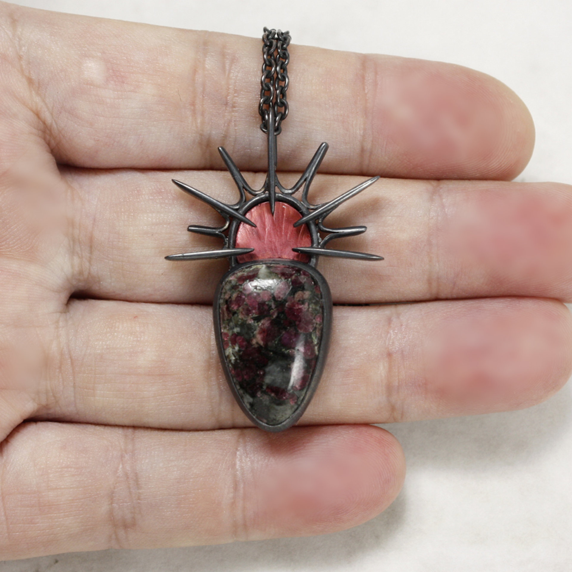 Oxidized silver goth pendant necklace with Eudialyte and Japanese red patinaed c