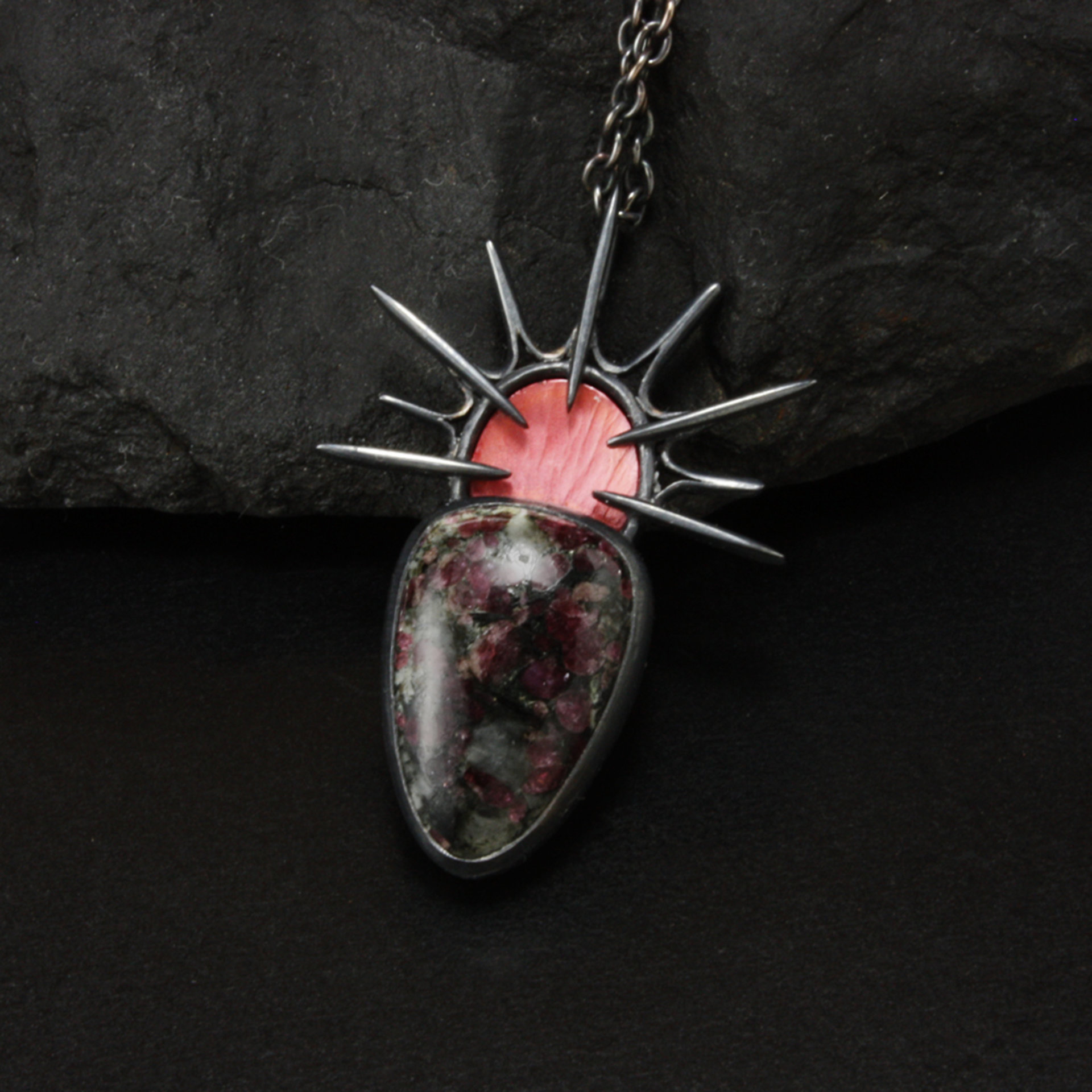 Oxidized silver goth pendant necklace with Eudialyte and Japanese red patinaed c