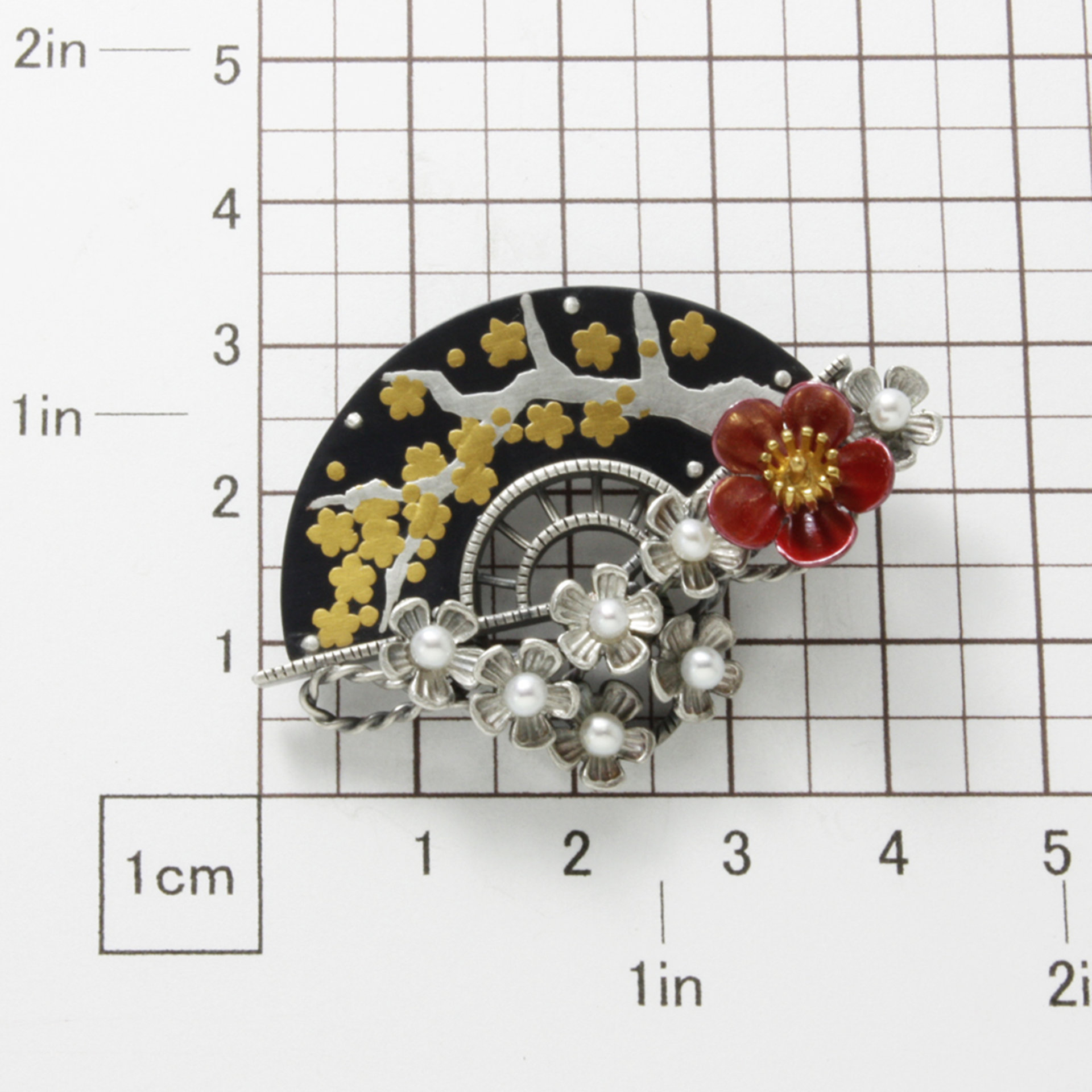 Shakudo and silver plum blossoms brooch of Keum Boo and Japanese patina