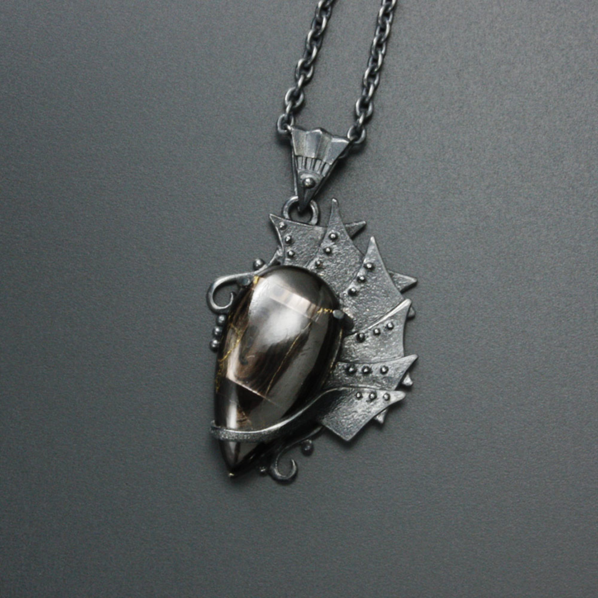 Hypersthene oxidized silver Goth pendant necklace, steampunk necklace