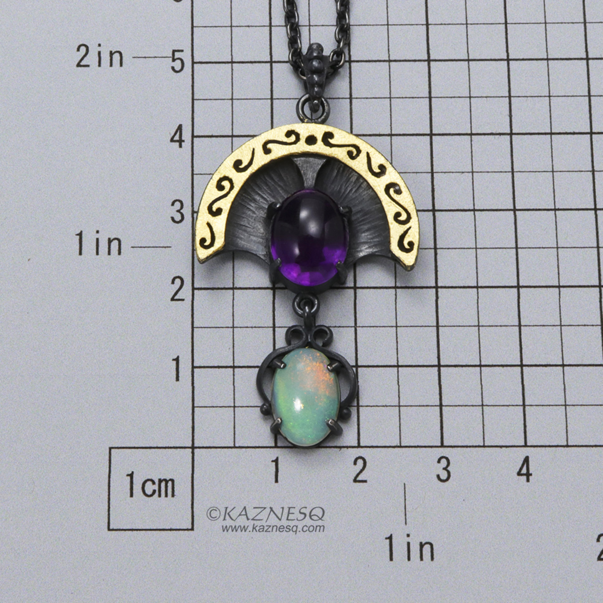 Openwork arch pendant, oxidized silver and gold leaf, amethyst and opal necklace
