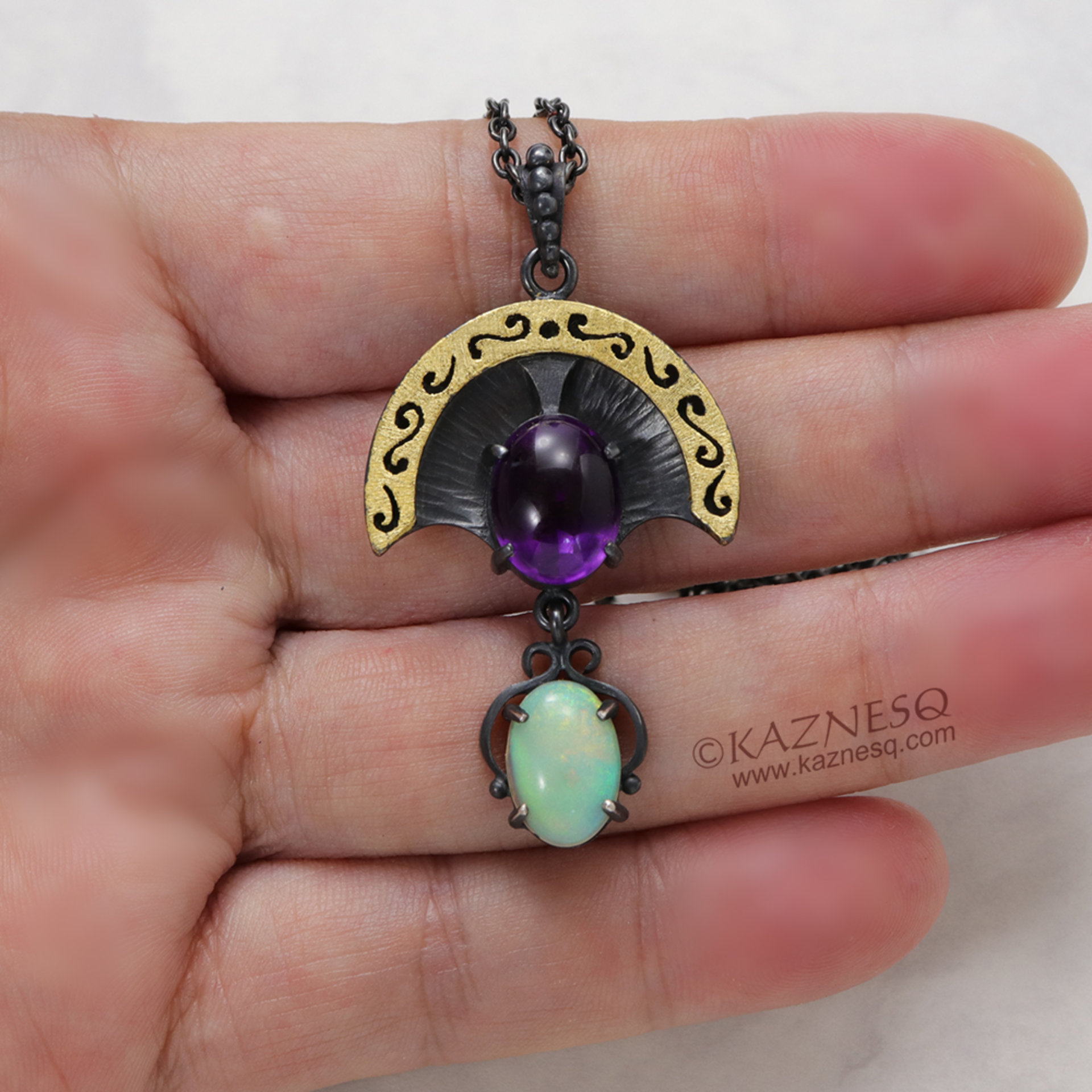 Openwork arch pendant, oxidized silver and gold leaf, amethyst and opal necklace