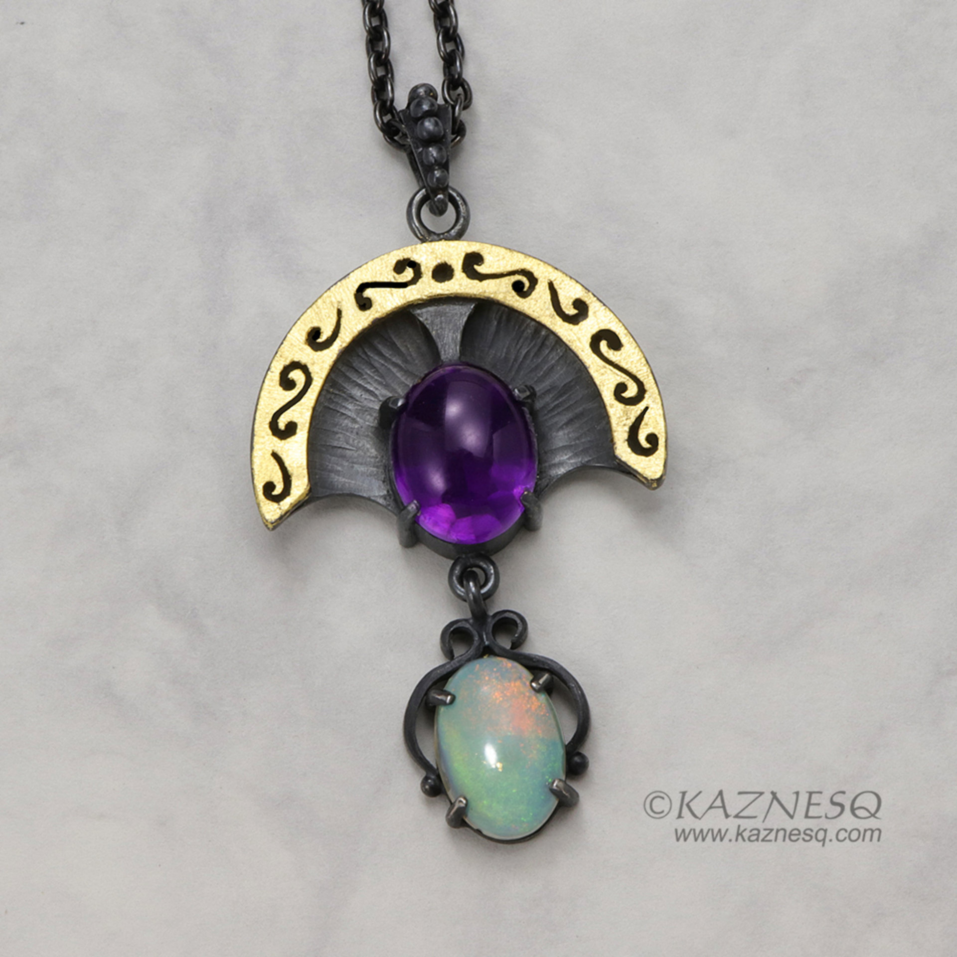 Openwork arch pendant, oxidized silver and gold leaf, amethyst and opal necklace