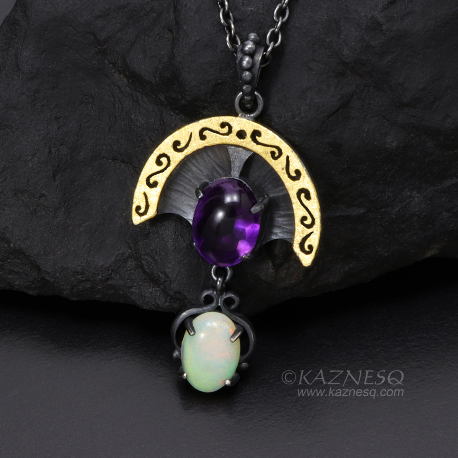 Openwork arch pendant, oxidized silver and gold leaf, amethyst and opal necklace