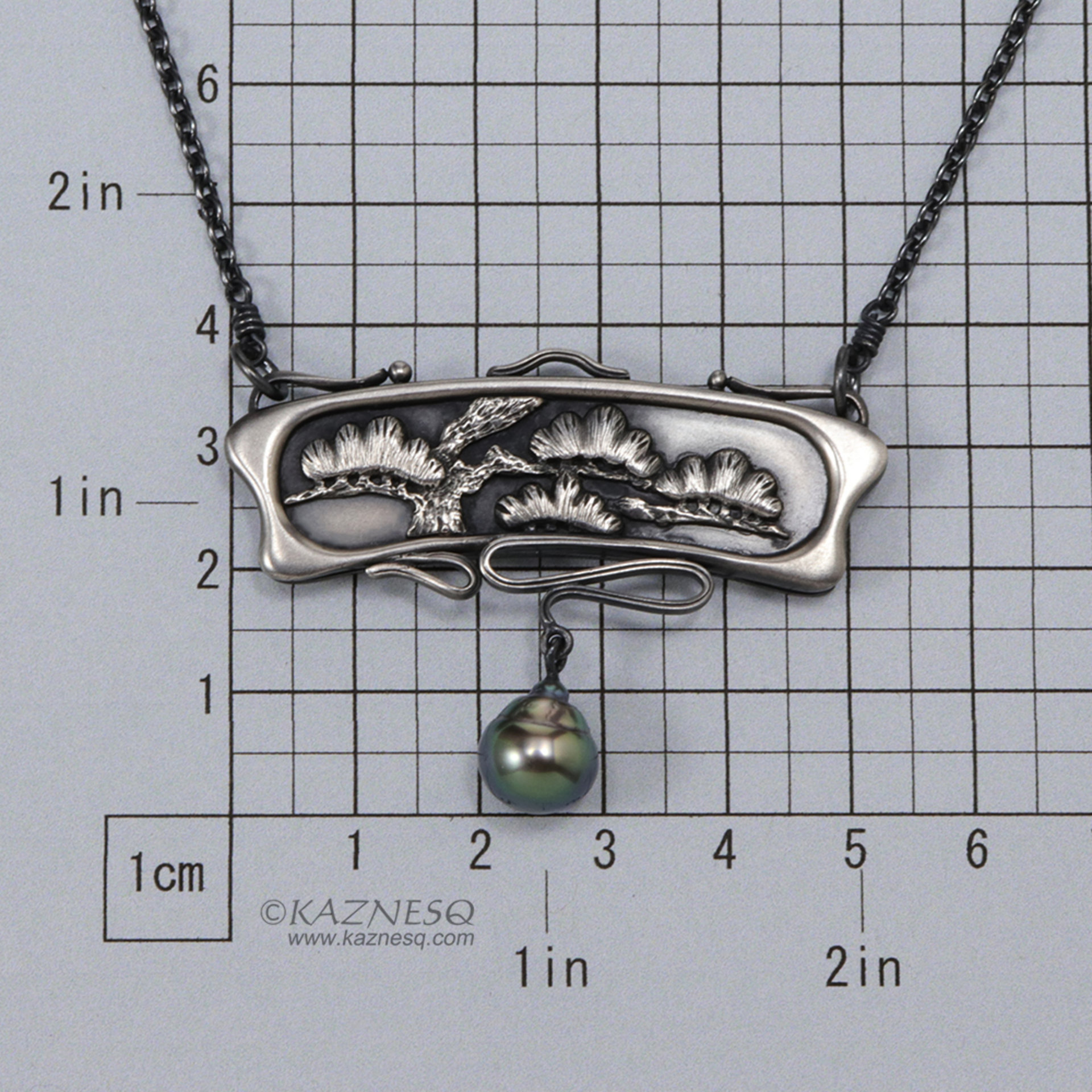 Art Nouveau style pine tree relief necklace, oxidized silver black pearl pendant