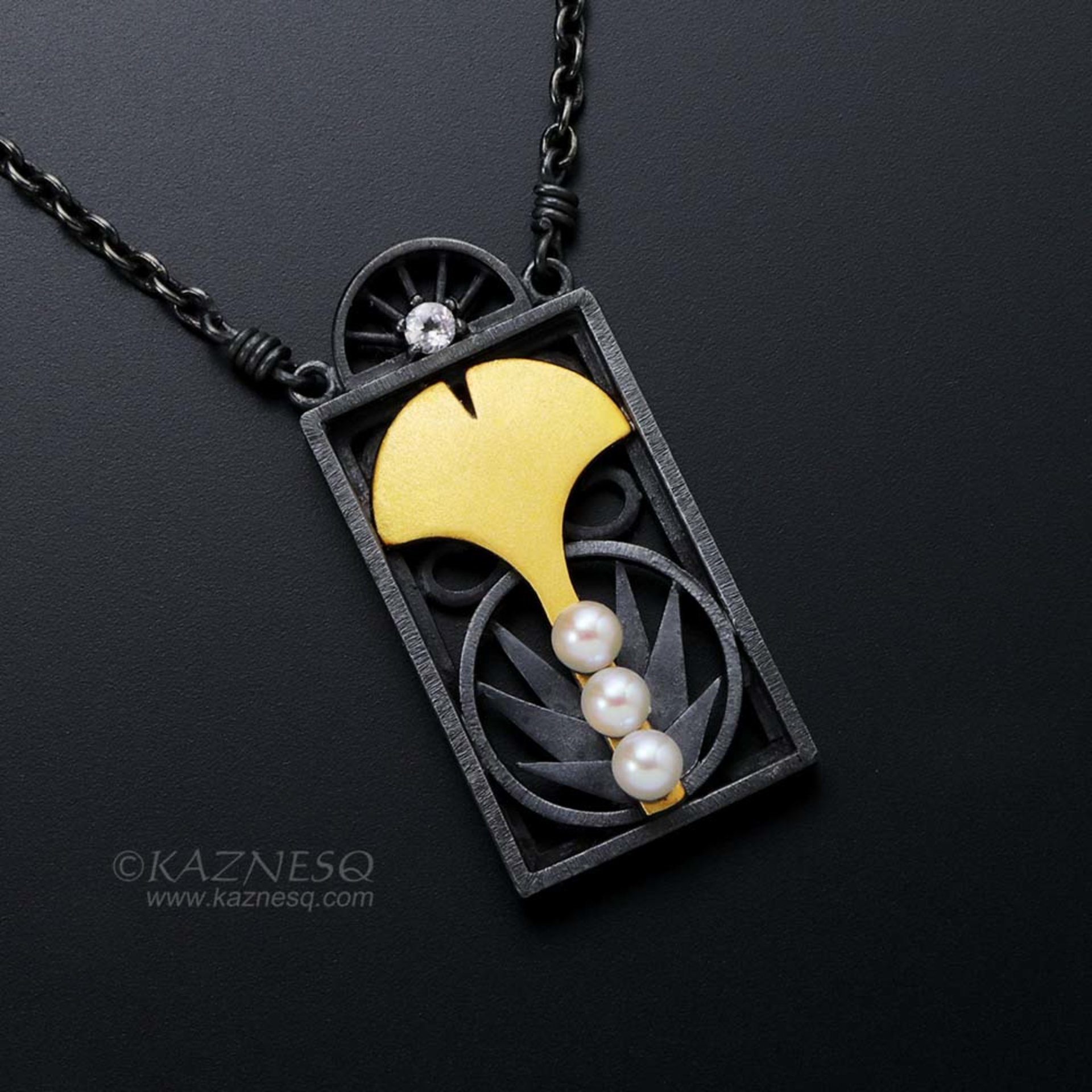 Art Deco style ginkgo Keum Boo necklace with akoya and white topaz