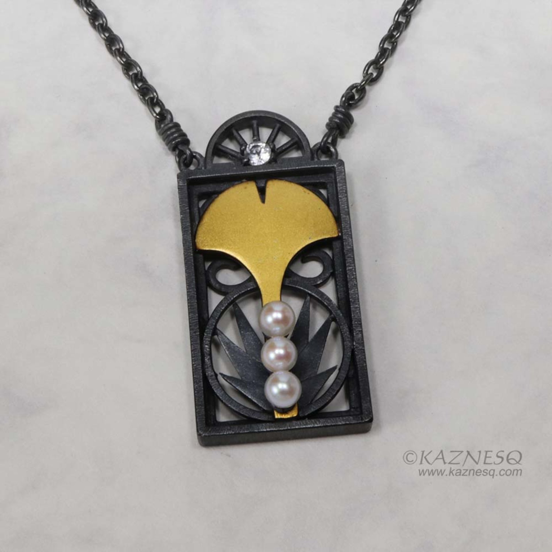 Art Deco style ginkgo Keum Boo necklace with akoya and white topaz