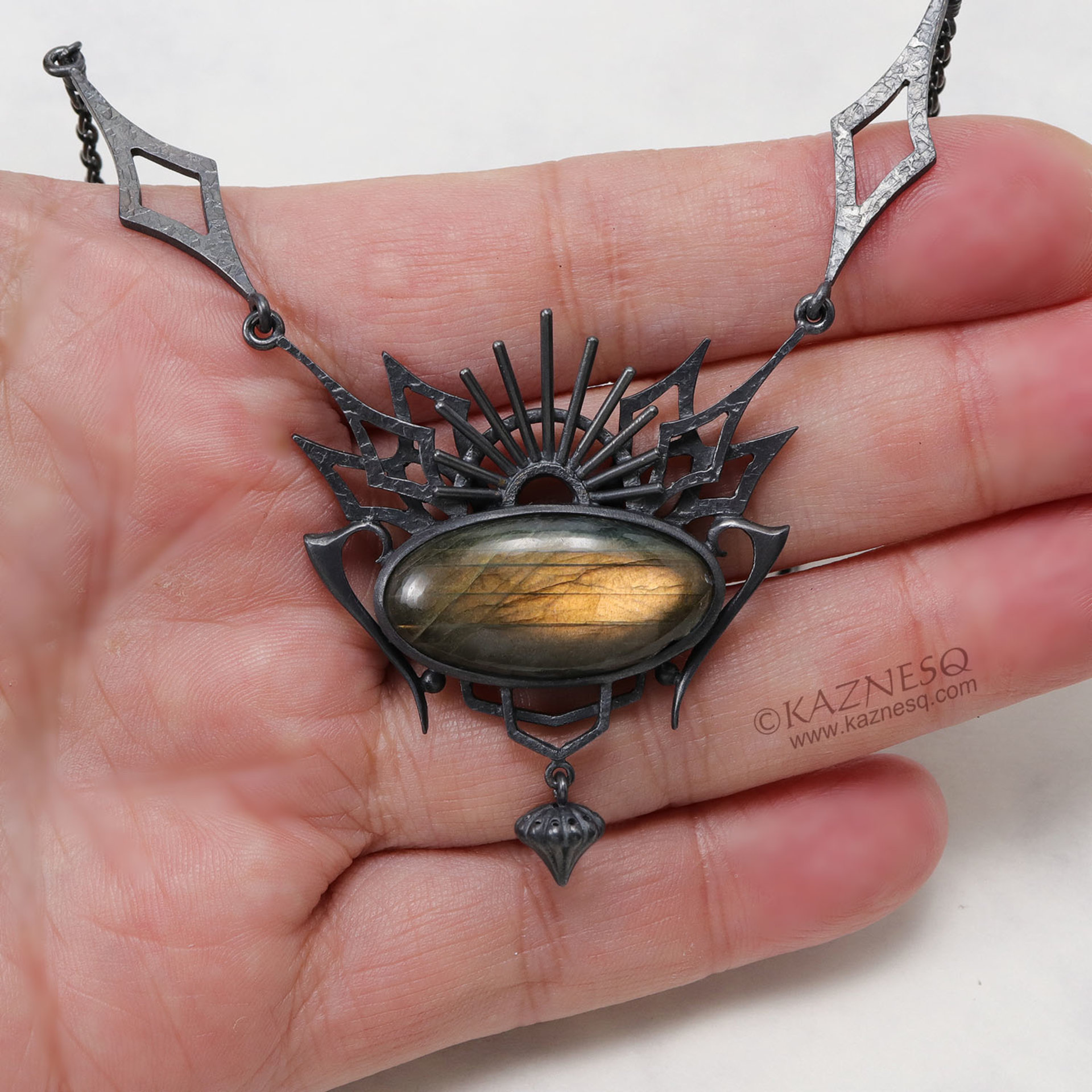 Yellow labradorite oxidized silver goth taste pendant necklace