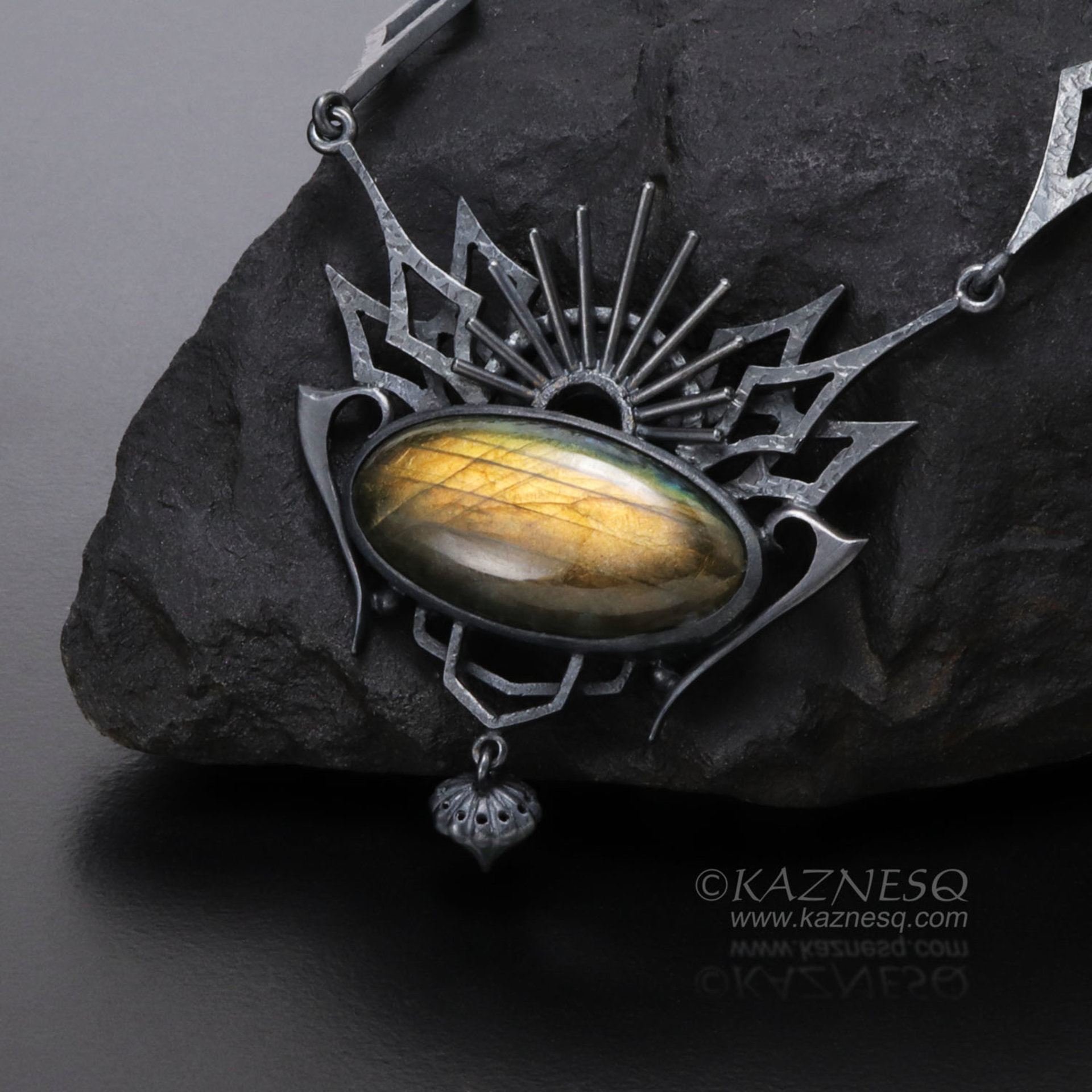 Yellow labradorite oxidized silver goth taste pendant necklace