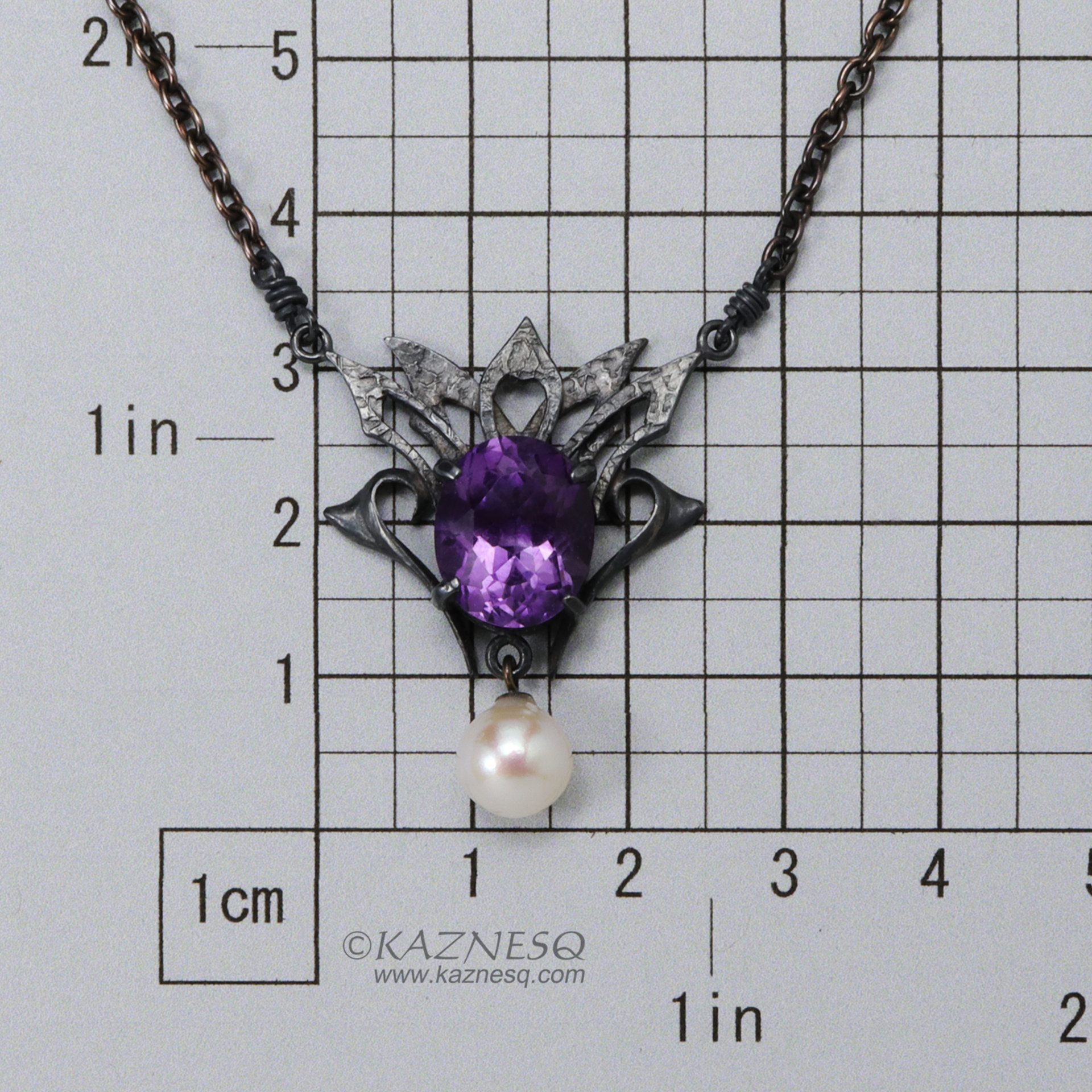 Amethyst and Akoya pearl oxidized silver goth taste silver pendant necklace for