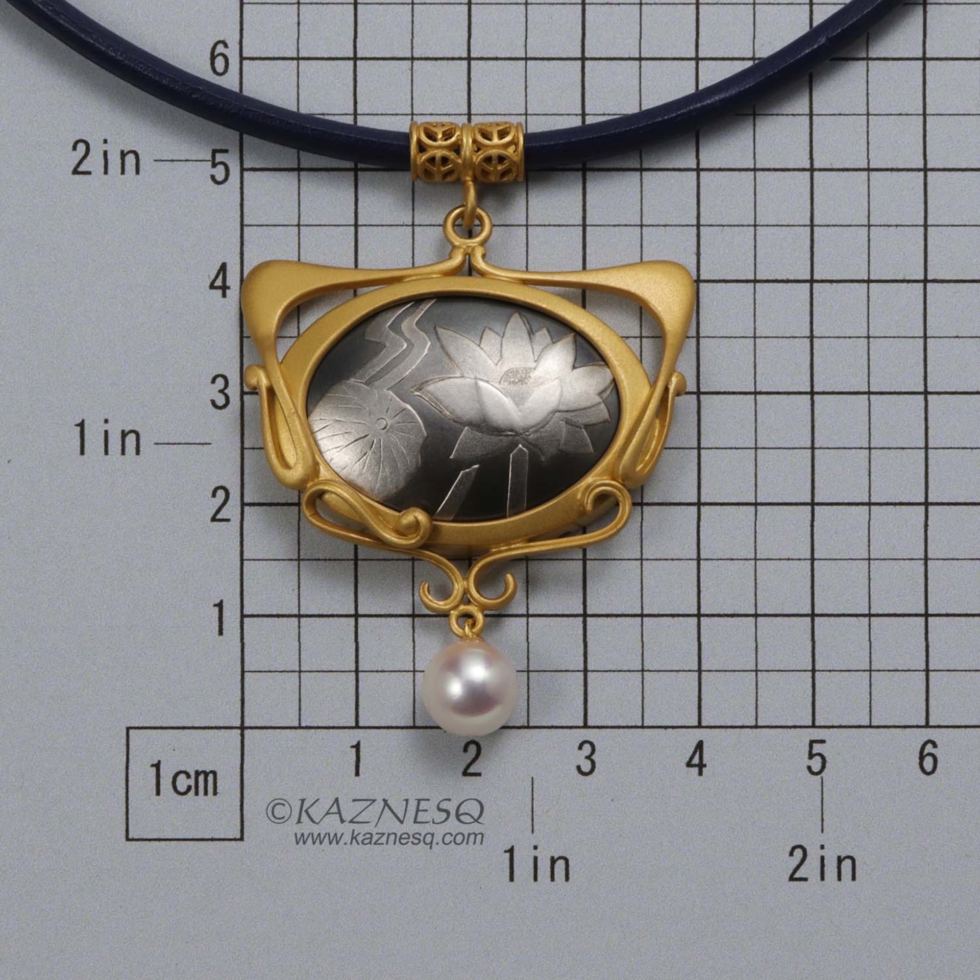 Art Nouveau Lotus Keum Boo and Akoya silver pendant necklace