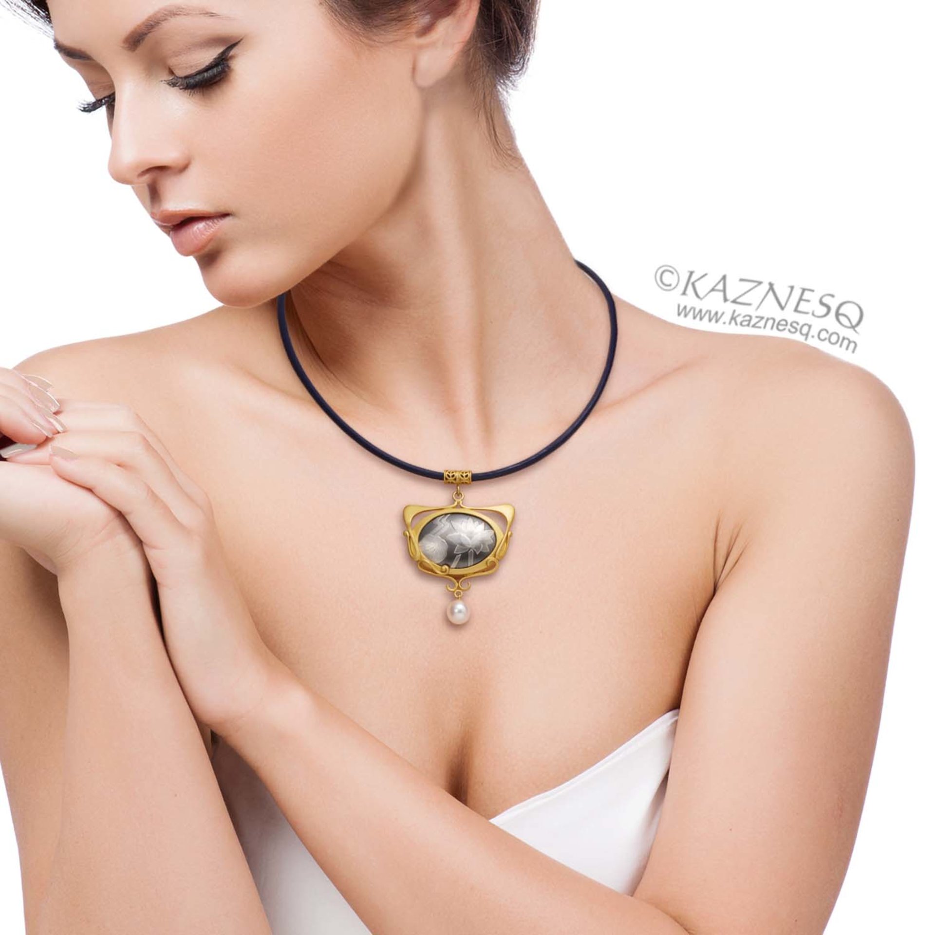 Art Nouveau Lotus Keum Boo and Akoya silver pendant necklace