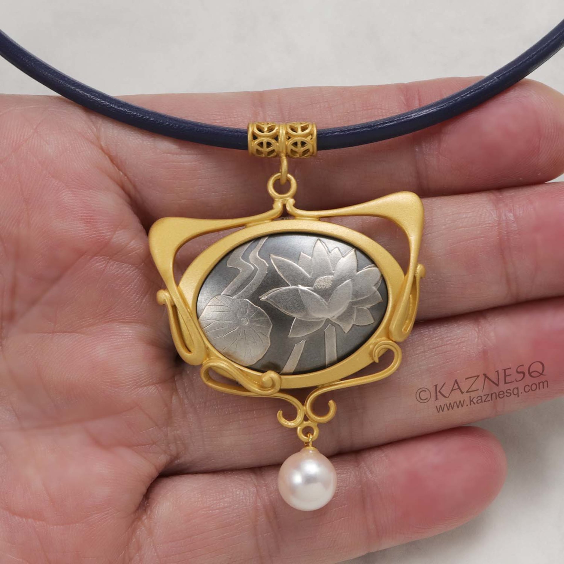 Art Nouveau Lotus Keum Boo and Akoya silver pendant necklace