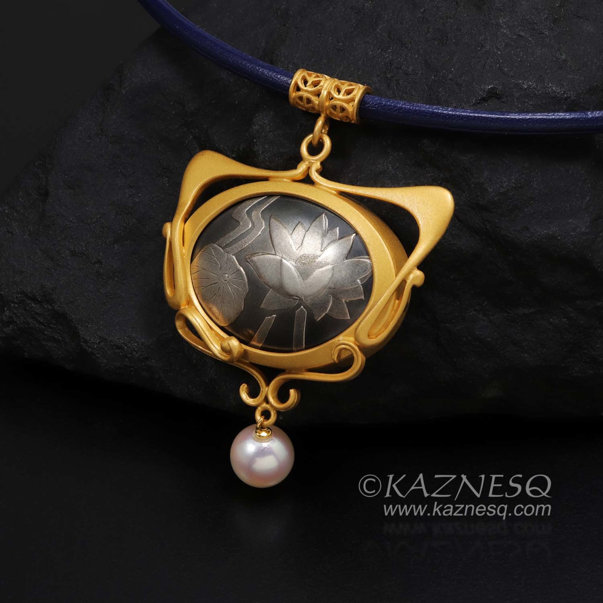 Art Nouveau Lotus Keum Boo and Akoya silver pendant necklace
