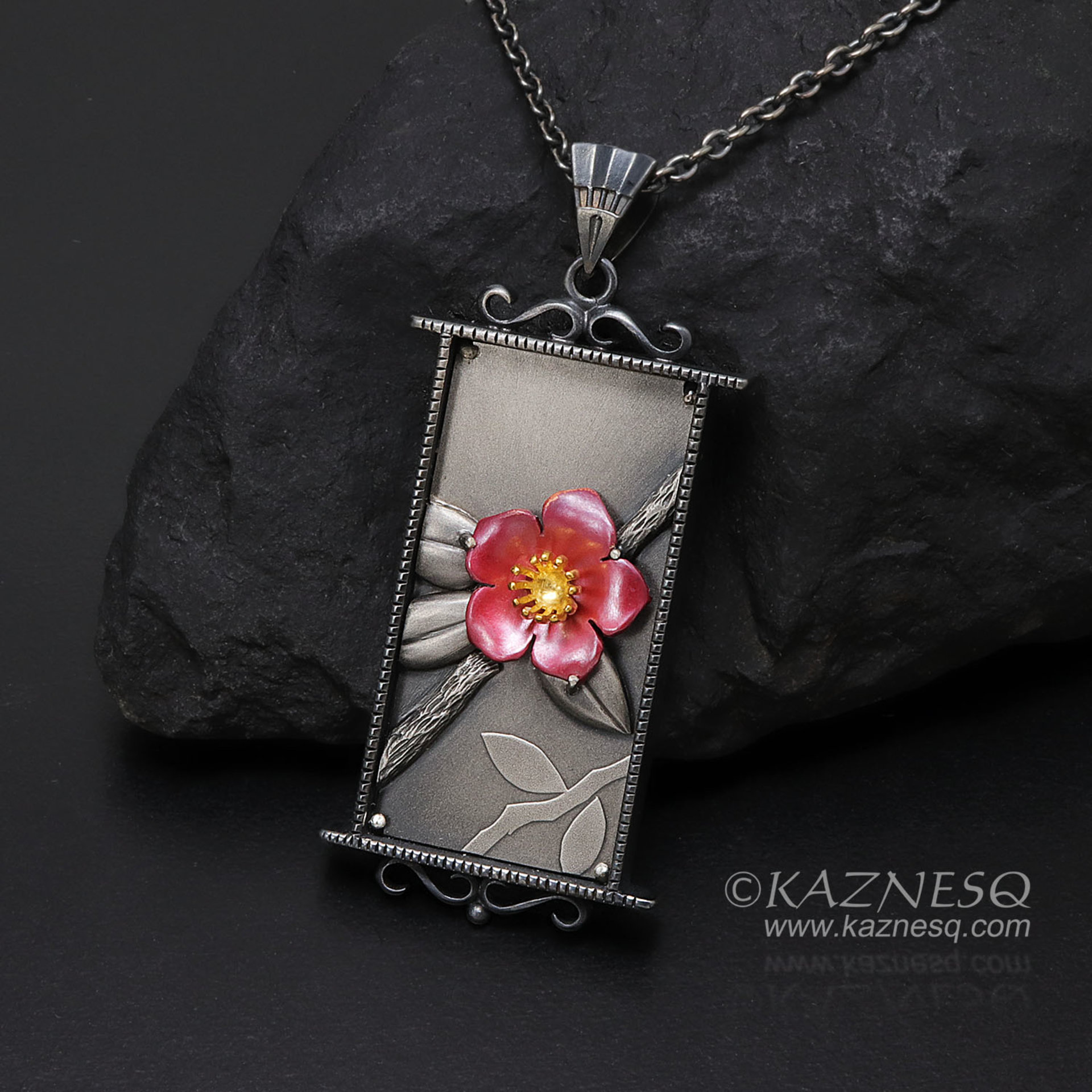 (C) KAZNESQ: Camellia pendant necklace of heat patinaed copper and silver