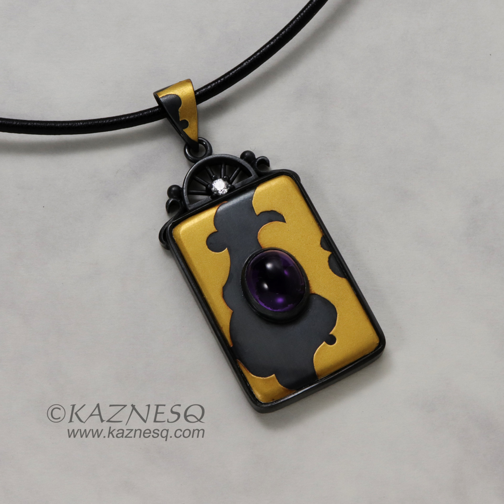 (C) KAZNESQ: Abstract Kuem Boo and amethyst rectangle oxidized silver pendant