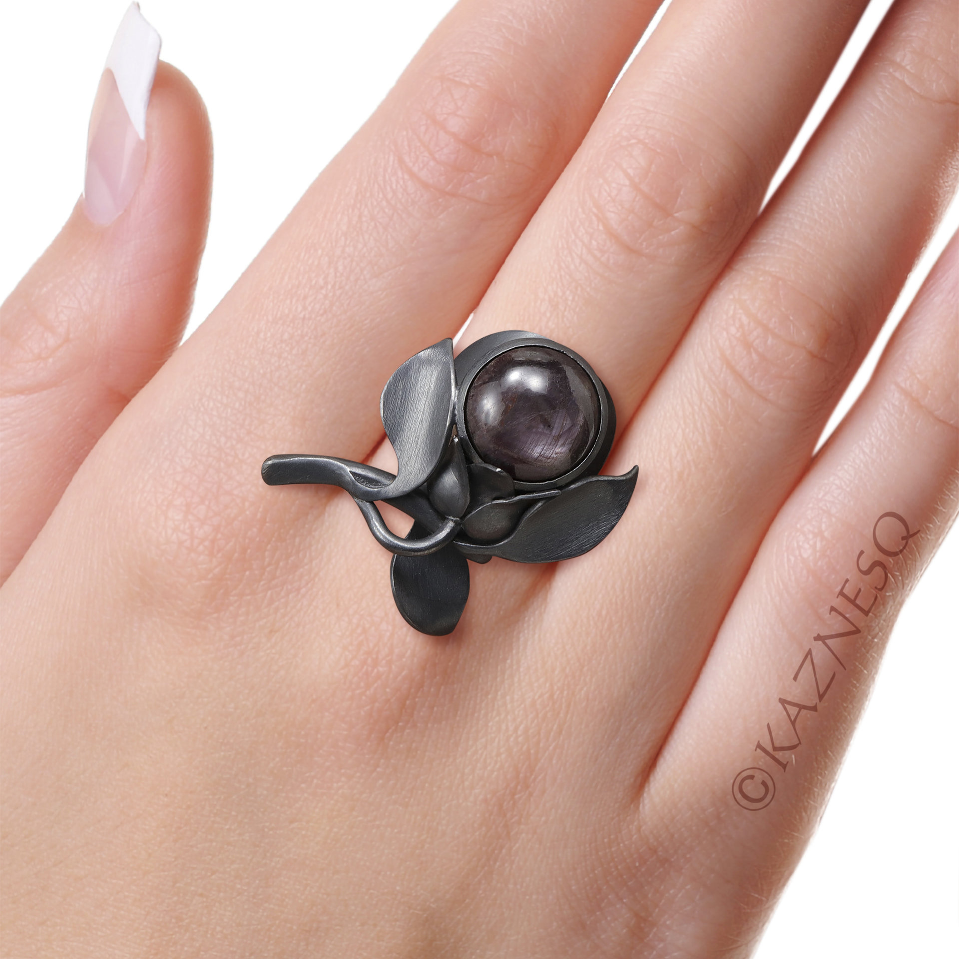 (C) KAZNESQ: Asterism brown stone nature inspired flower and leaf ring
