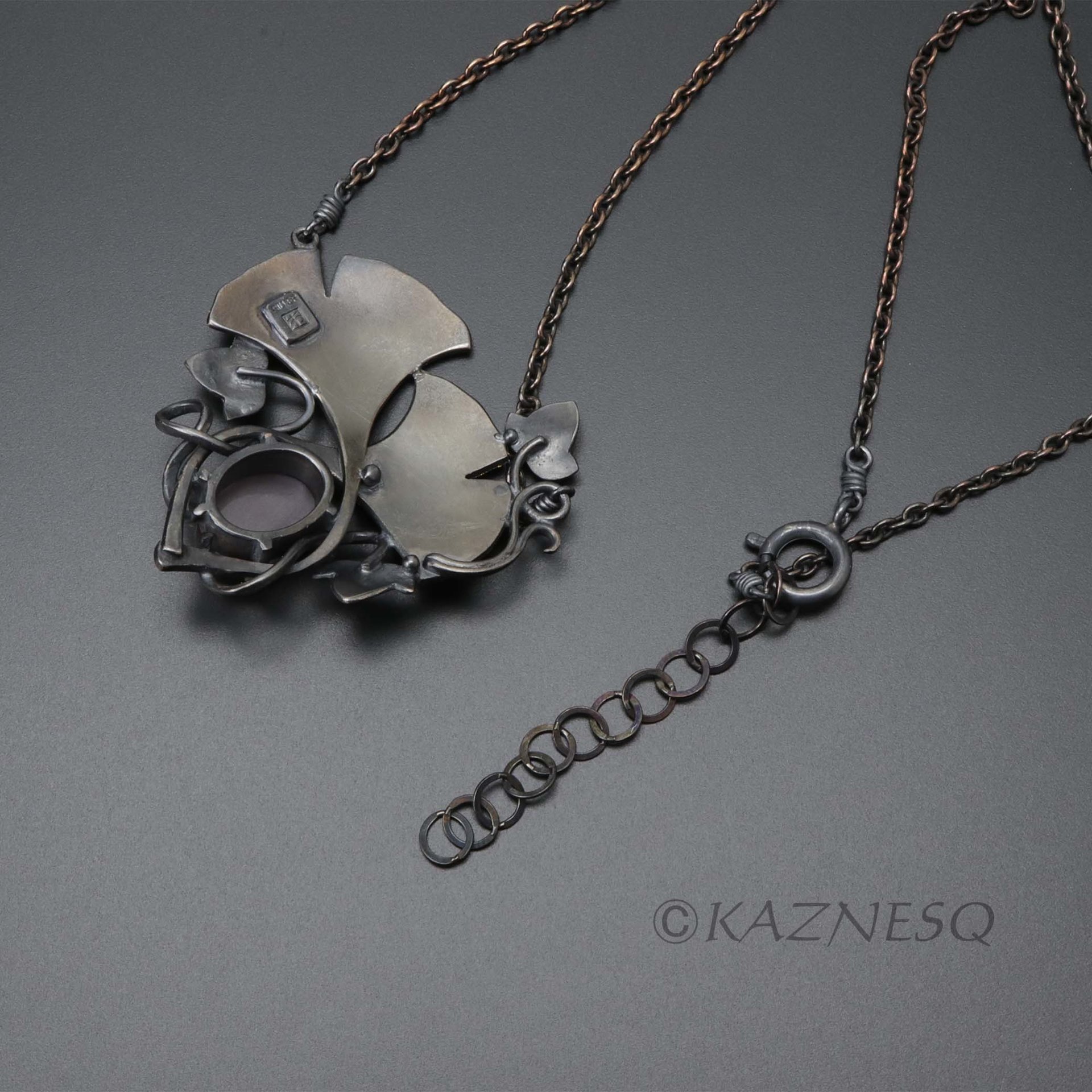 (C) KAZNESQ: Art Nouveau ginkgo necklace with brown moonstone and gold leaf