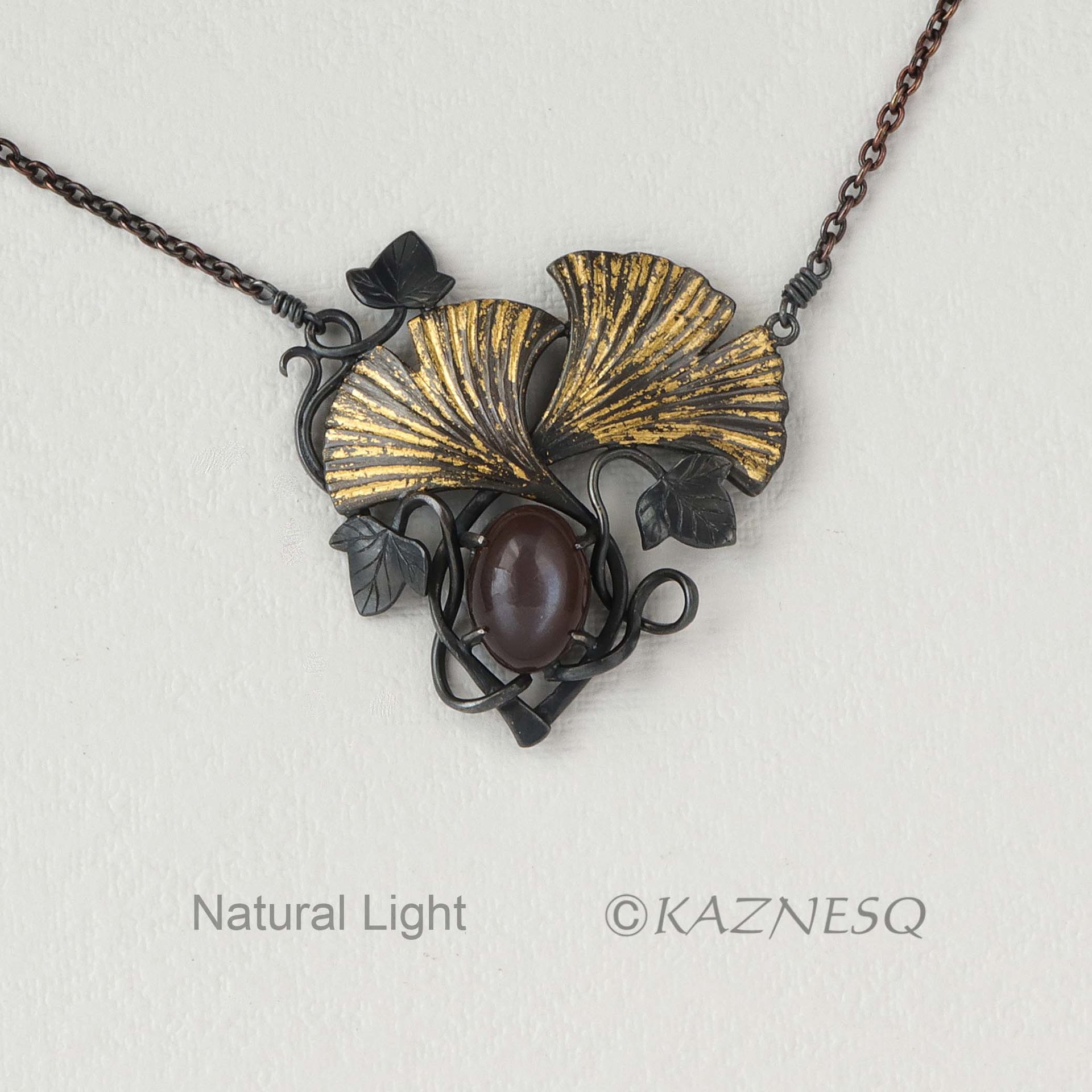 (C) KAZNESQ: Art Nouveau ginkgo necklace with brown moonstone and gold leaf