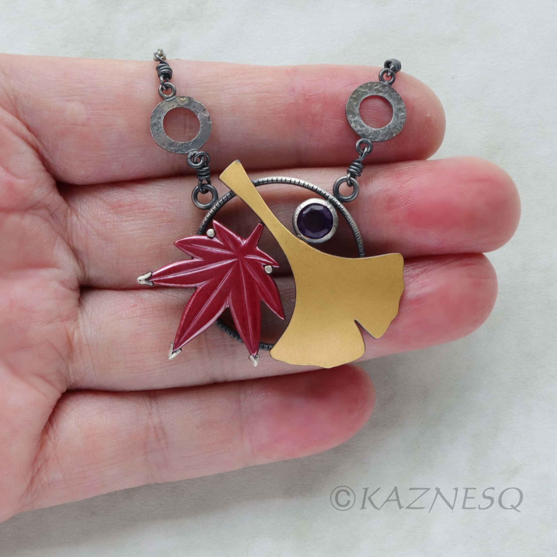 (C) KAZNESQ: Ginkgo and red maple leaf necklace, autumn jewelry gift for her