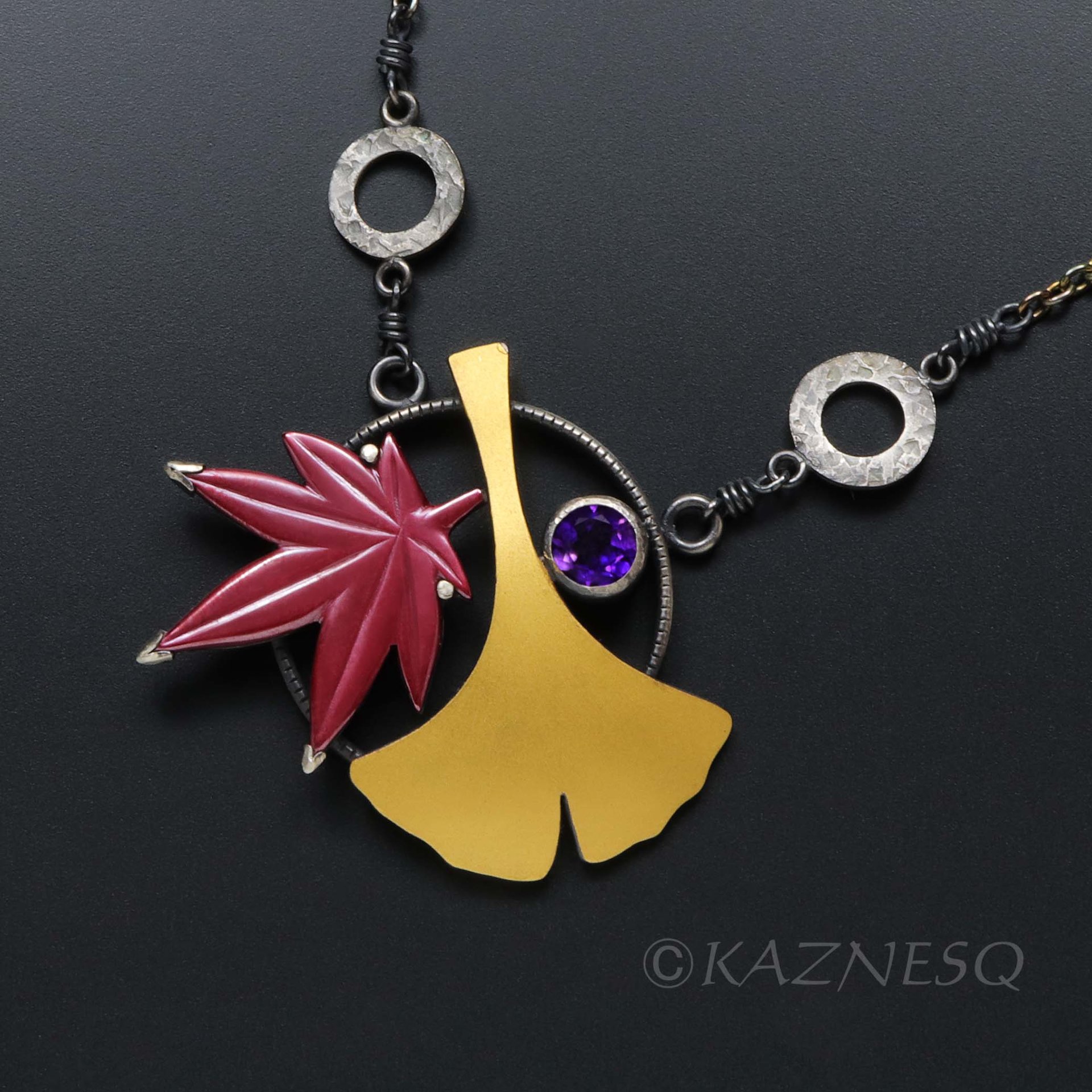 (C) KAZNESQ: Ginkgo and red maple leaf necklace, autumn jewelry gift for her