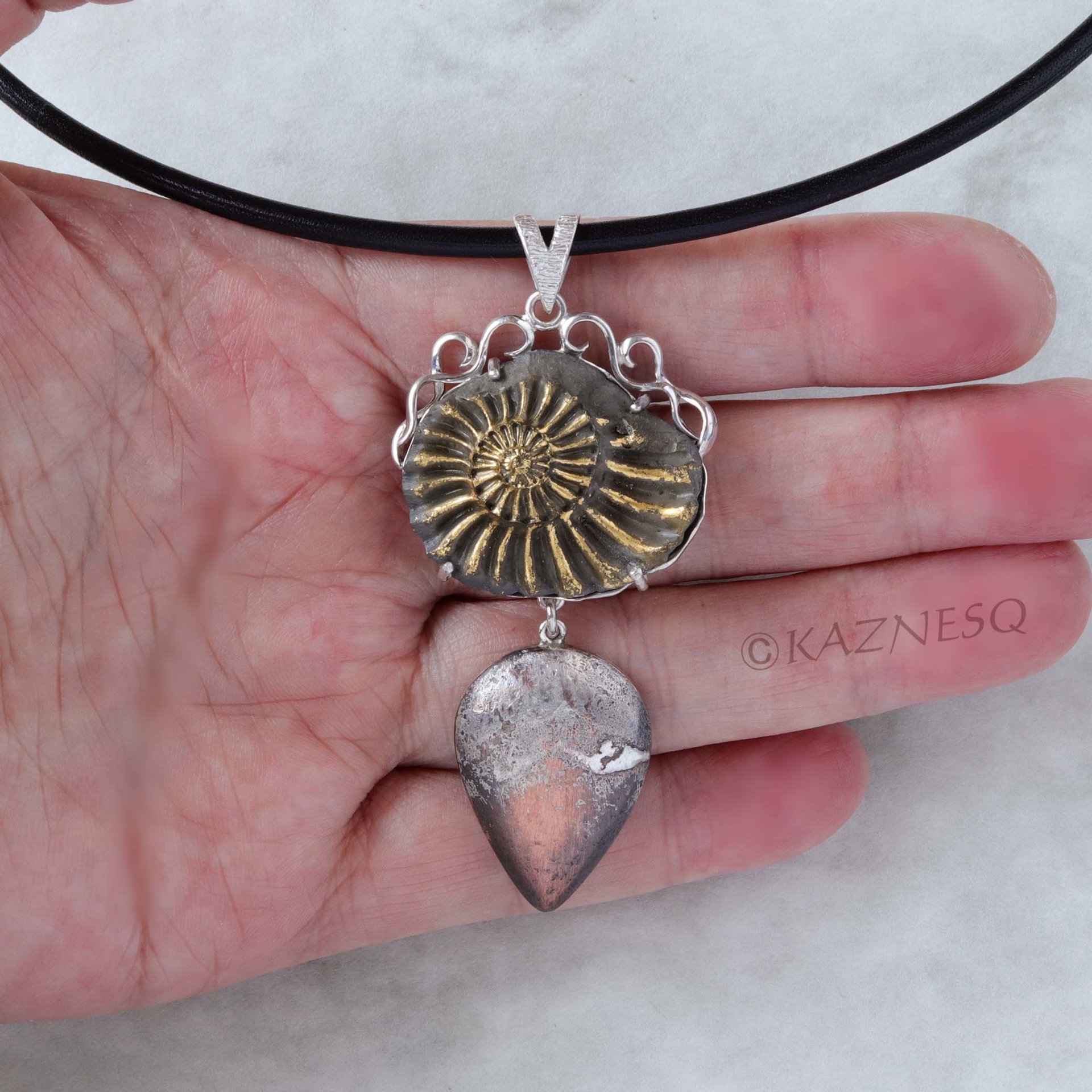 (C) KAZNESQ: Ammonite fossil pyrite silver pendant necklace