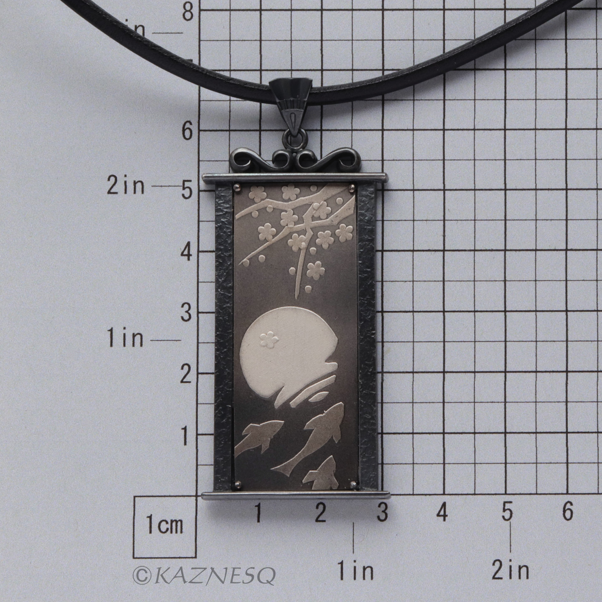(C) KAZNESQ: apanese art Keum Boo silver pendant necklace of Koi pond, the moon,
